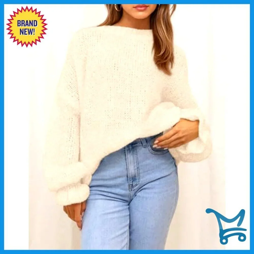 Oversized Knit Pullover Sweater Crewneck Fuzzy Warm Long Sleeve Loose Fit